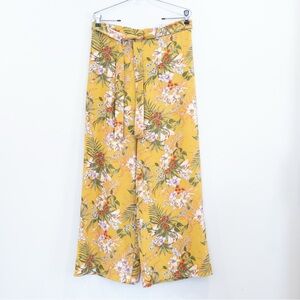 E & M Golden Yellow Lily Floral Print Wide Leg High Rise Pants Size Large Boho